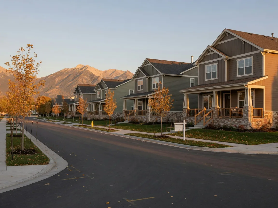 A newly opened model home street in a Utah new construction community in early fall with covered porches, stone accents and autumn trees with the Wasatch Mountains beyond