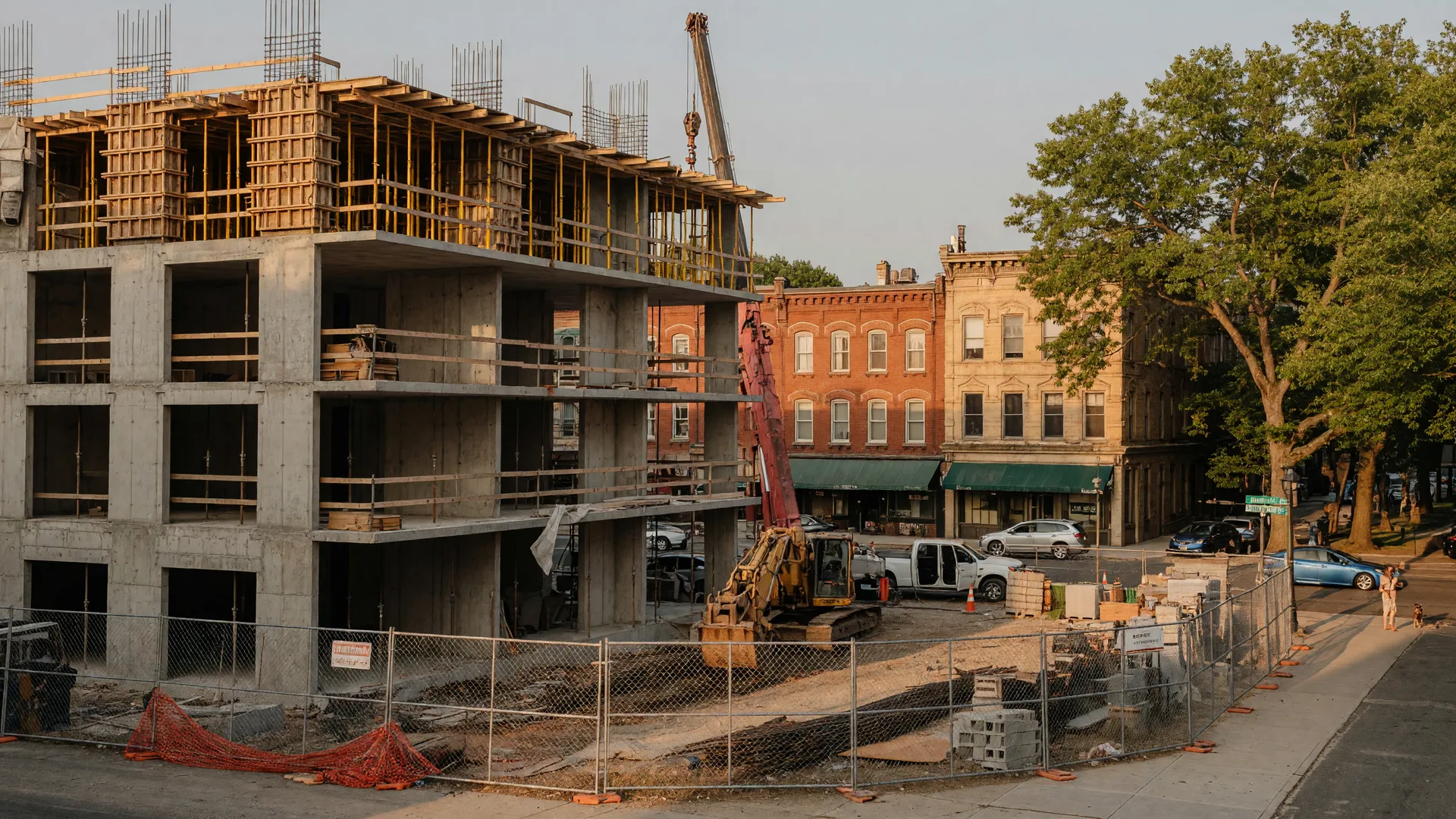 A stalled construction site in downtown Montclair NJ with a partially built apartment building behind a chain-link fence on a summer afternoon