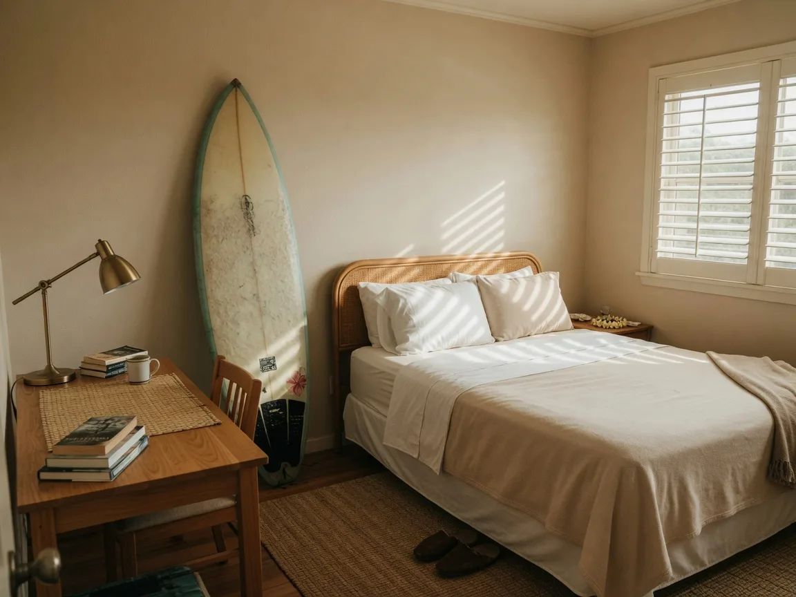 A welcoming guest bedroom with a tidy desk and fresh linens
