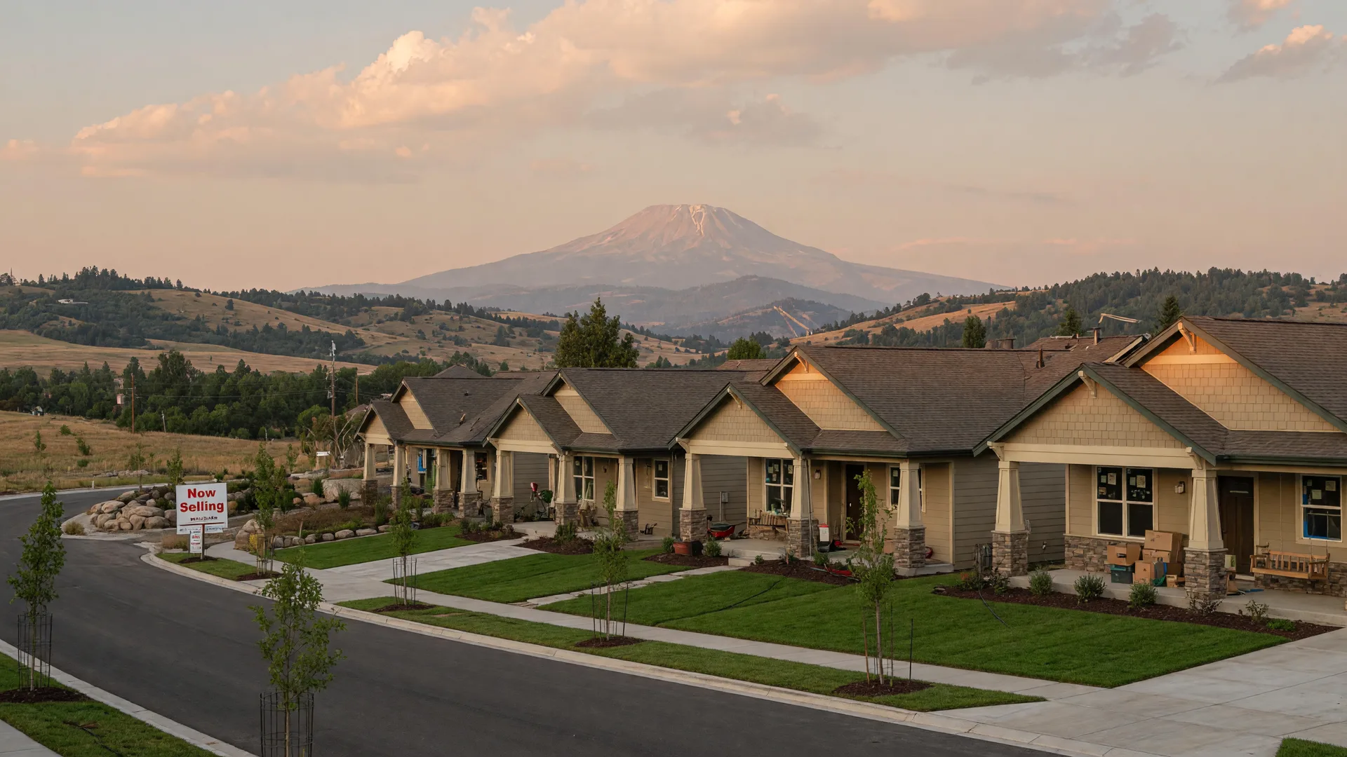 New craftsman-style homes in a developing Southern Oregon neighborhood on a warm late summer afternoon with Mt. McLoughlin on the horizon