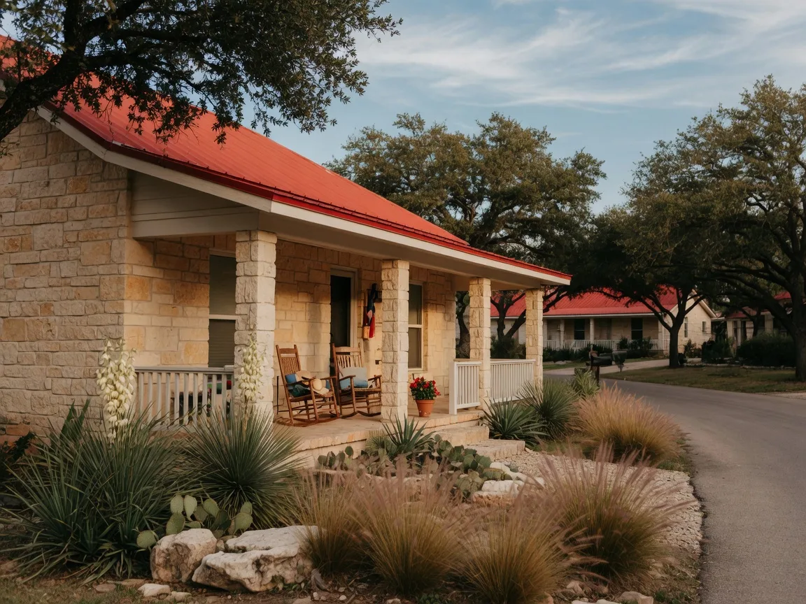 Single-story limestone Hill Country home with red metal roof, covered front porch with rocking chairs, and native landscaping in an active-adult community at golden hour