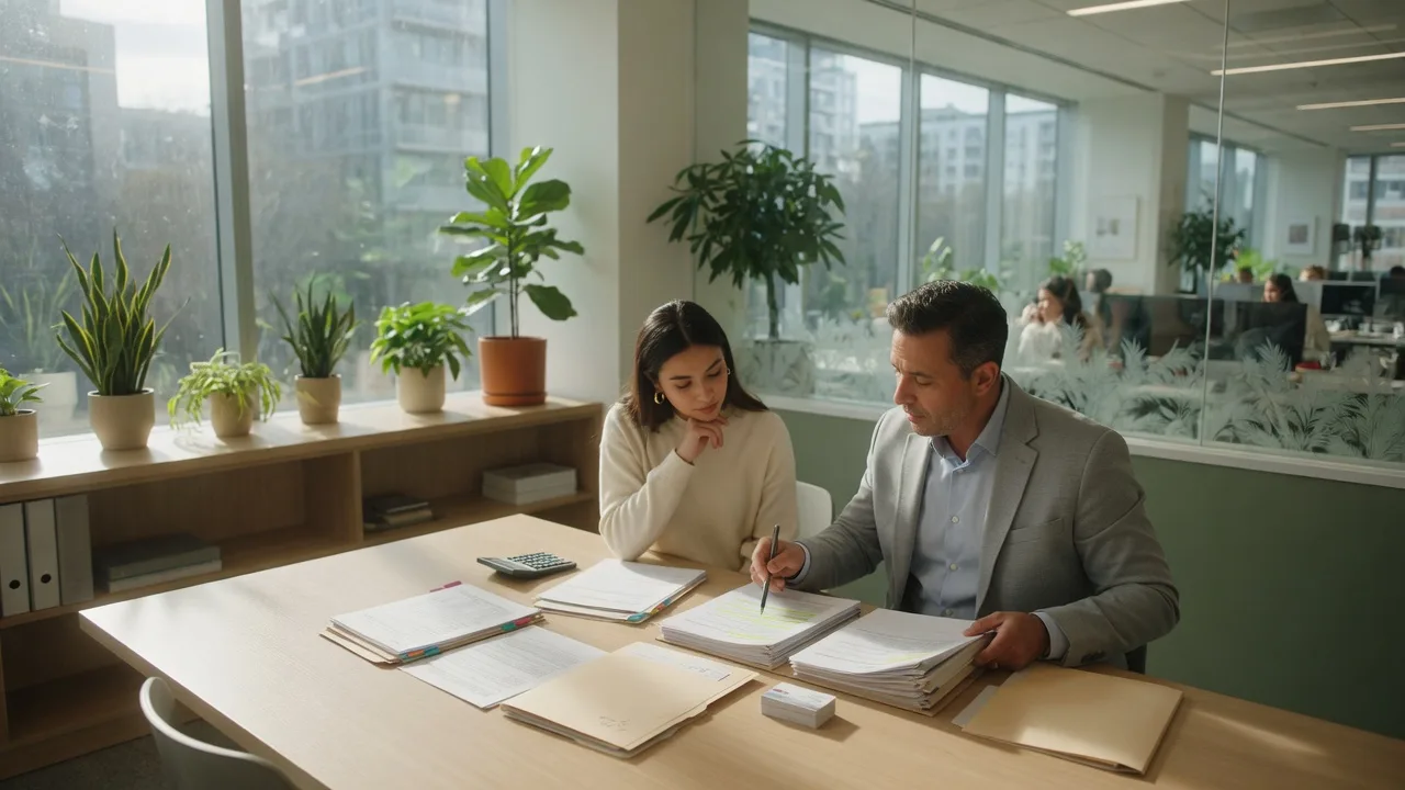Mortgage loan officer reviewing loan documents with a home buyer in a modern glass-walled office
