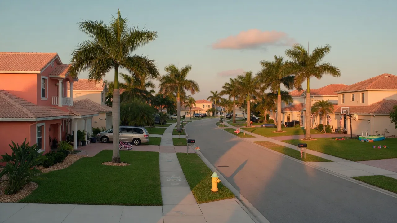 Family-friendly suburban South Florida neighborhood with tile-roof homes and palms at golden hour