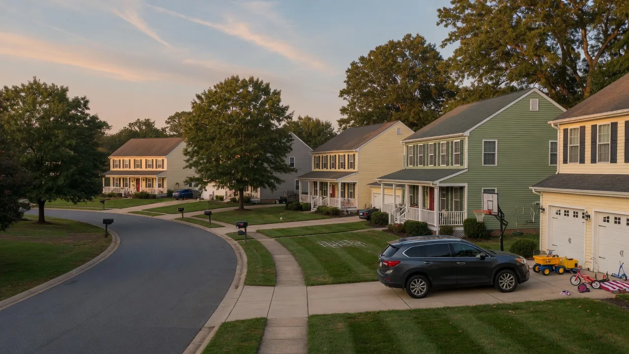 Widewater Village North Stafford Virginia family-friendly street with two-story single-family homes and mature oak trees