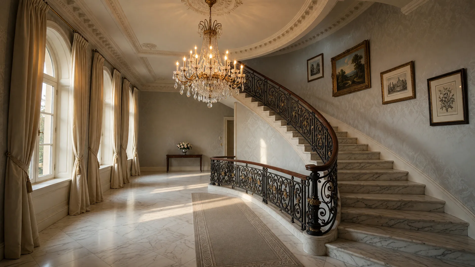Grand luxury home foyer with a sweeping staircase and glowing crystal chandelier in warm natural light
