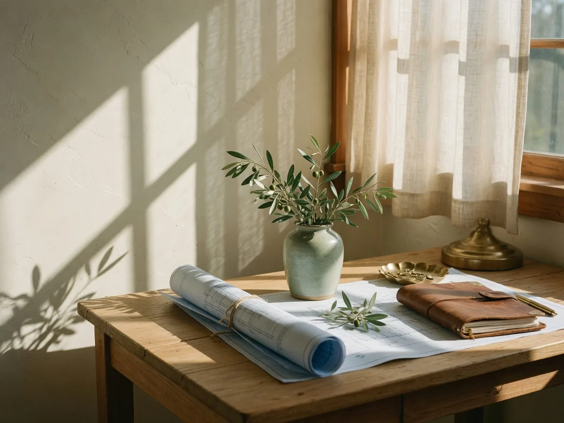 Editorial study with blueprints
