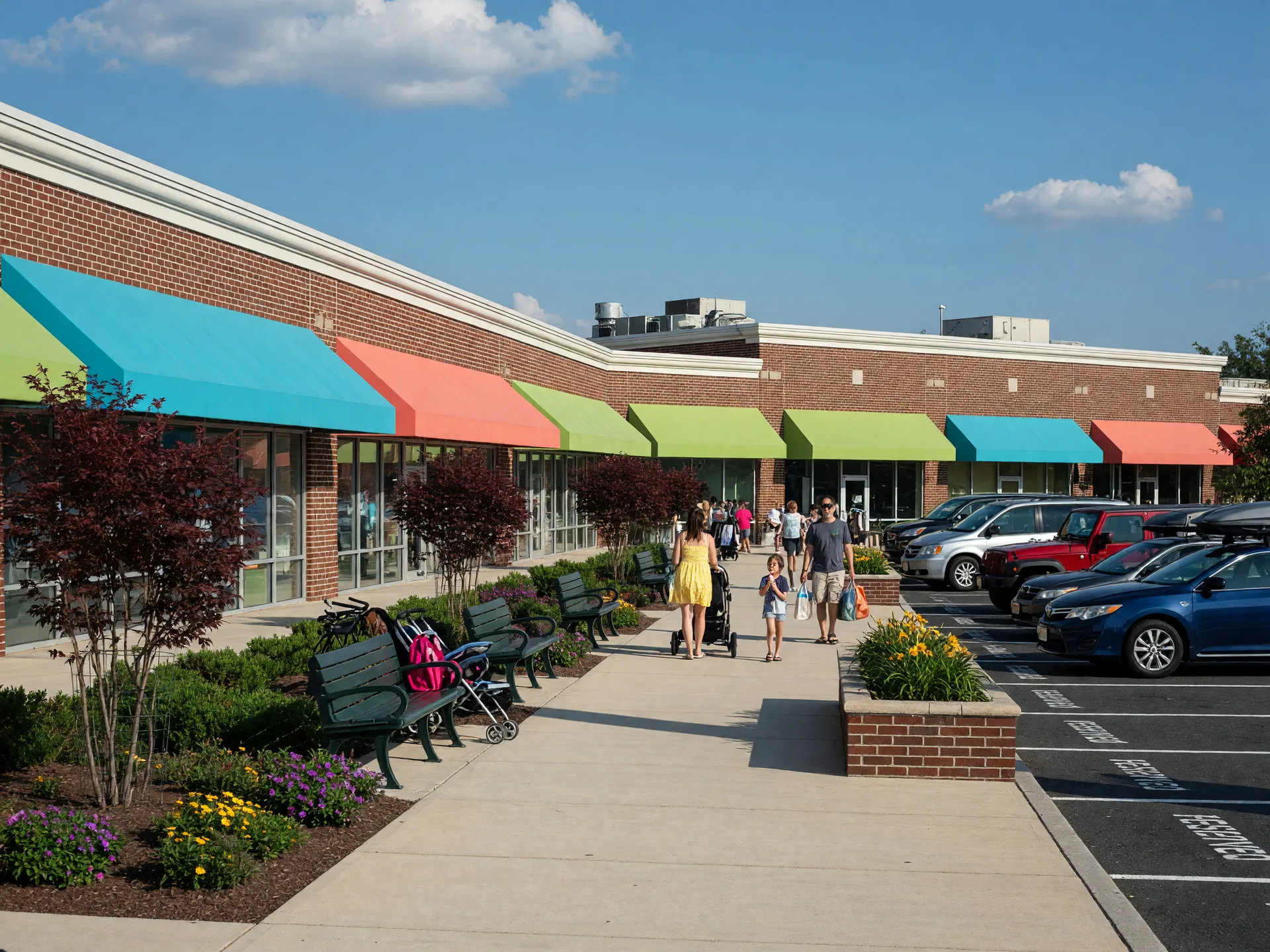 A sunny suburban shopping corridor with a brick and glass retail complex, landscaped sidewalks, and a clean parking lot on a blue-sky afternoon