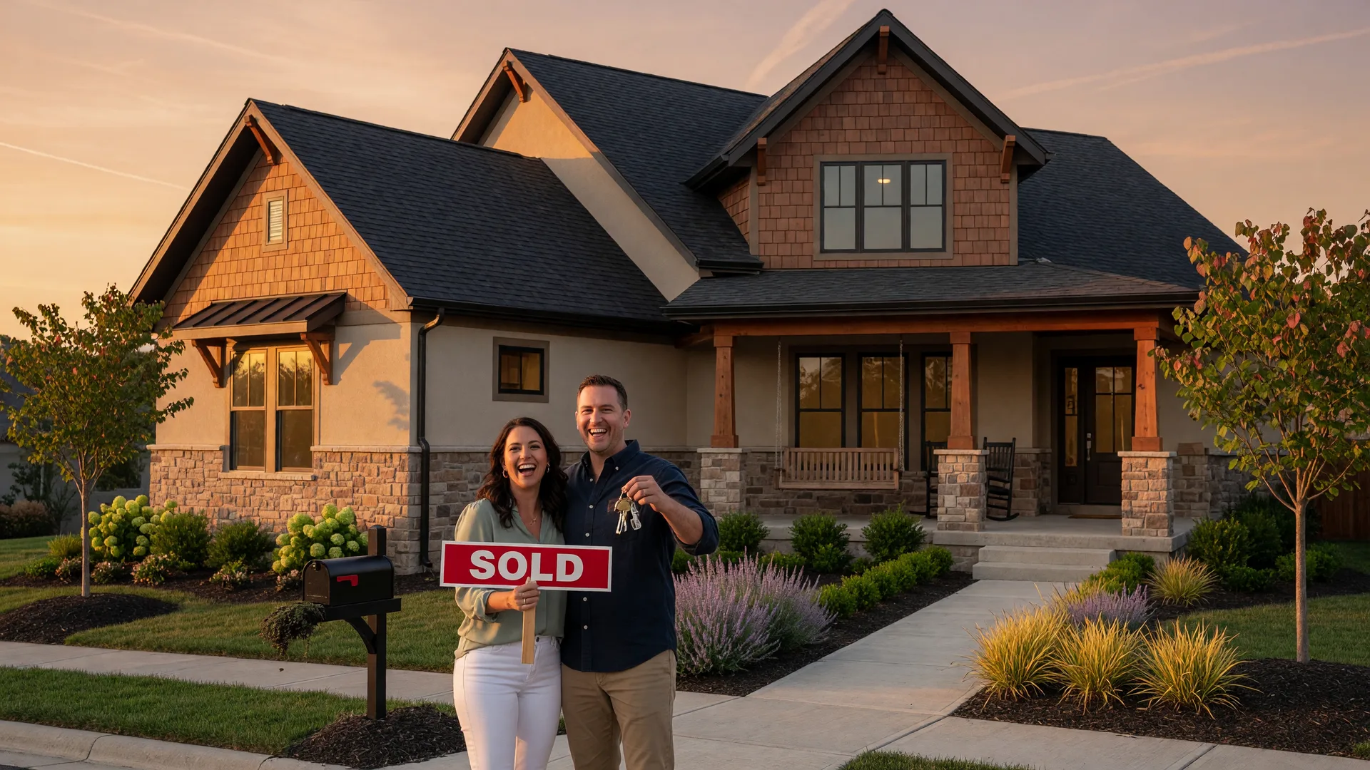 Happy couple in front of a newly built craftsman home during golden hour, holding house keys and a Sold sign