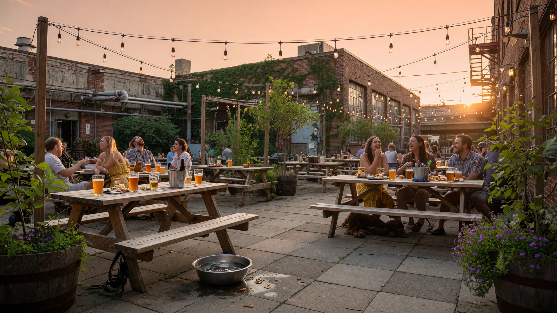 A warm golden-hour scene at a vibrant Washington DC beer garden with string lights overhead, wooden picnic tables, and a relaxed outdoor dining atmosphere