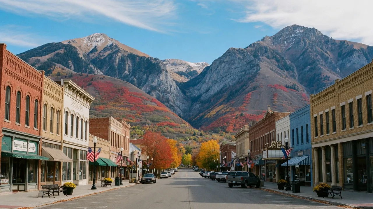 American Fork, Utah's historic downtown Main Street looking toward the Wasatch Mountains and American Fork Canyon, with autumn colors on the foothills