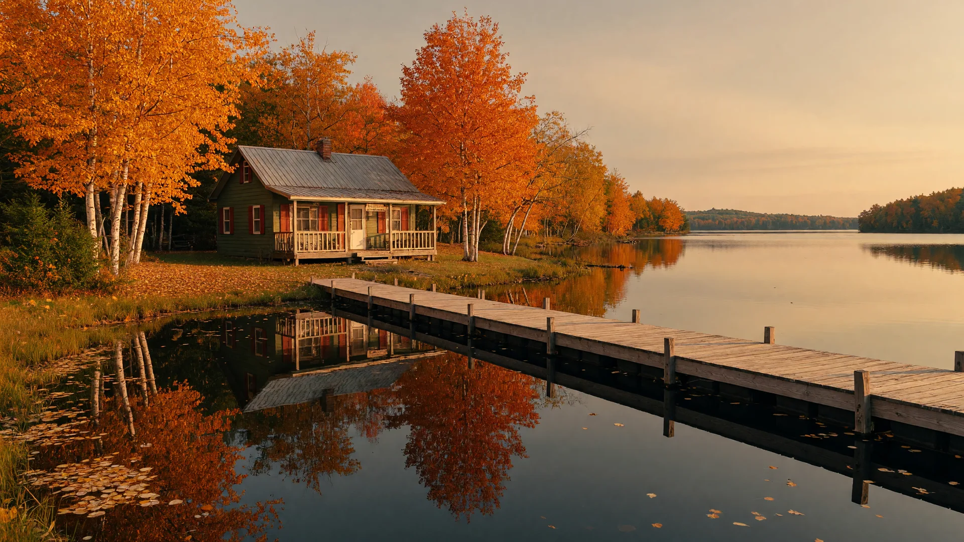 A classic Minnesota lake cabin on a calm autumn lake with a wooden dock, golden birch and maple shoreline, and still reflective water