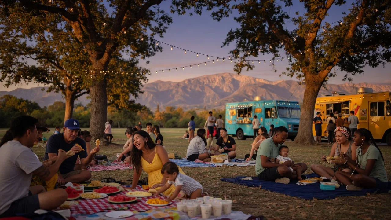 Late summer evening community gathering in Santa Clarita Valley with string lights and families