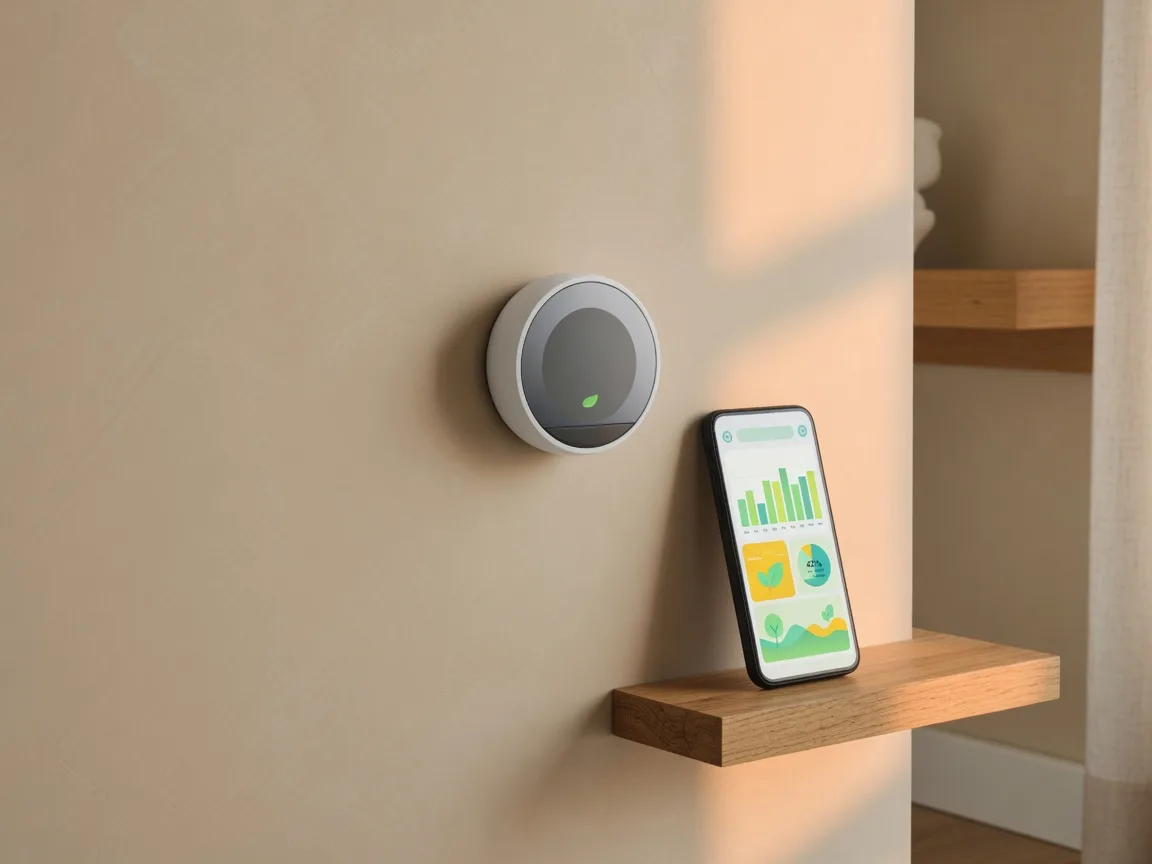 White Nest thermostat mounted on a warm beige wall beside a smartphone showing an energy savings app, warm soft morning light