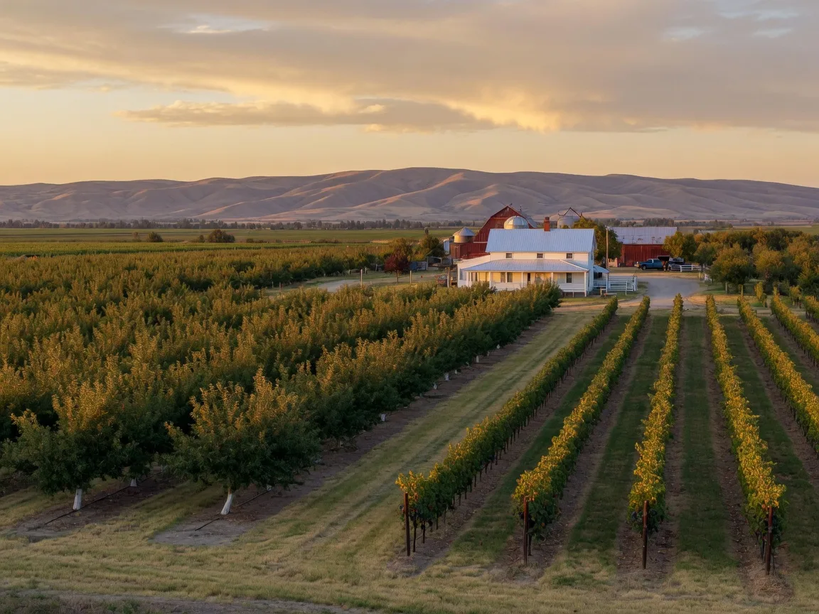 Orchard rows and a metal-roofed farmhouse near Caldwell, Idaho in golden light