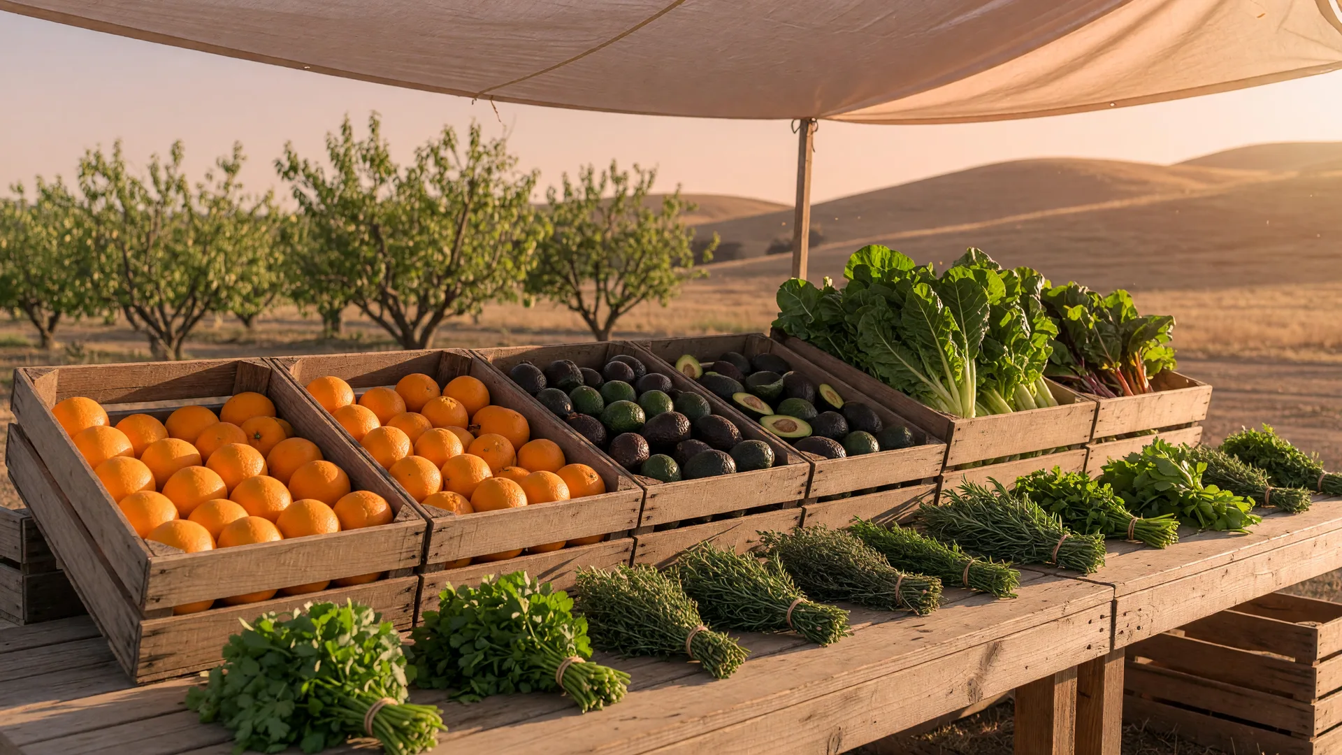 A farm stand at golden hour with wooden crates of oranges, avocados, and leafy greens