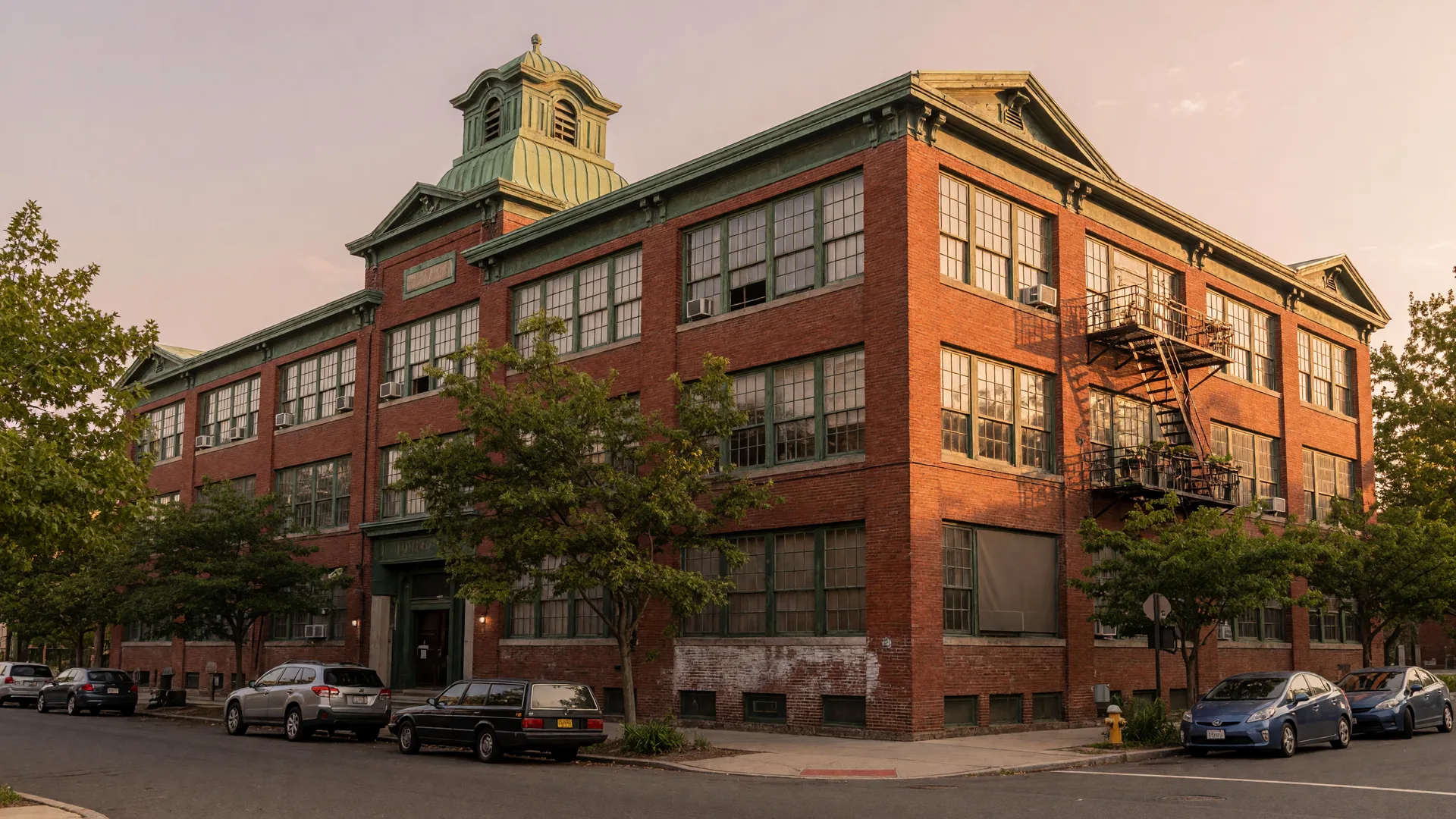 Historic red-brick factory-turned-loft apartments in West Orange NJ with large multi-pane windows along a tree-lined street