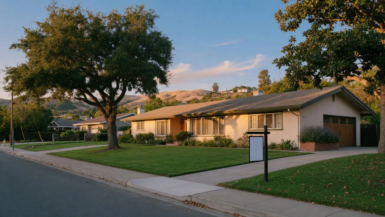 A California ranch-style home in the East Bay hills with a for-sale sign by the street at golden hour