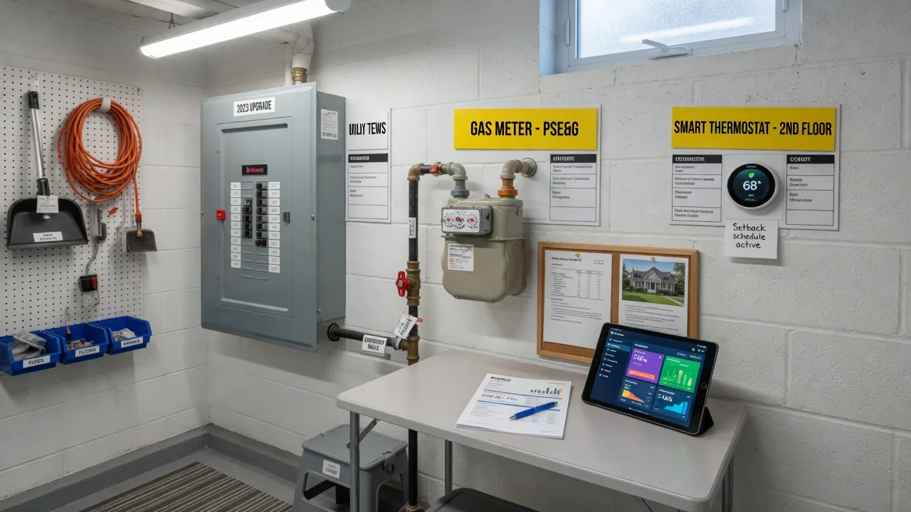Organized utility room with electric panel and smart thermostat