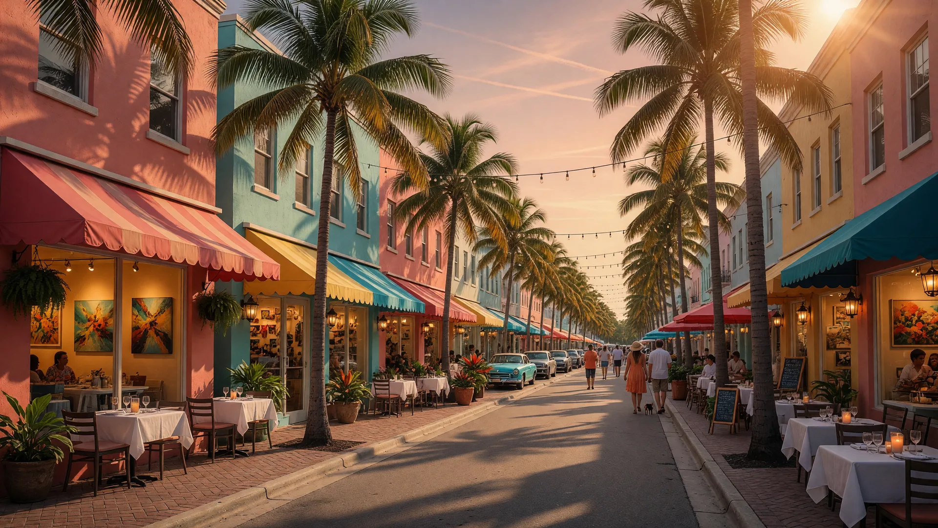 Delray Beach's Atlantic Avenue downtown at late afternoon, with royal palms and boutique storefronts