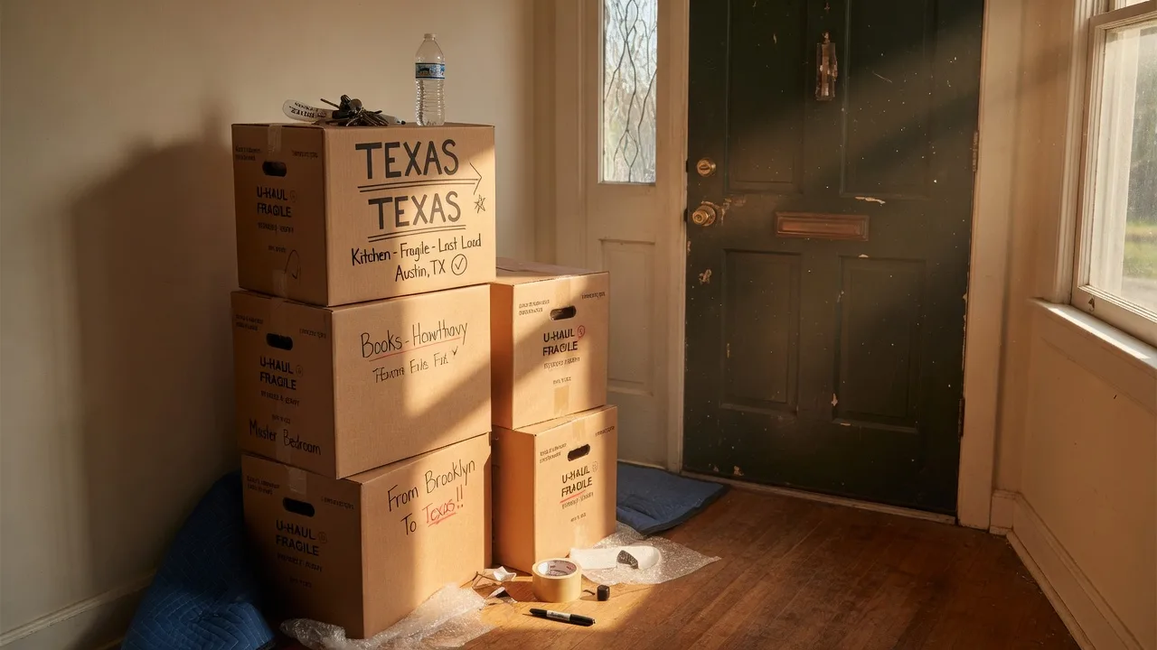 Moving boxes stacked near a front door, ready for a cross-country move