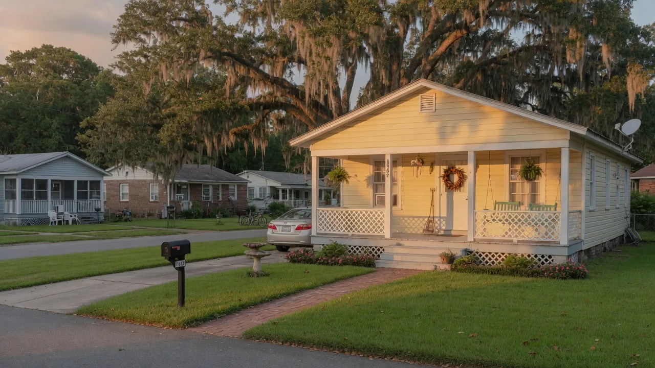 A modest single-family home with a covered front porch in a Charleston-area neighborhood at golden hour, the kind of attainable home a zero-down-payment program helps working buyers reach