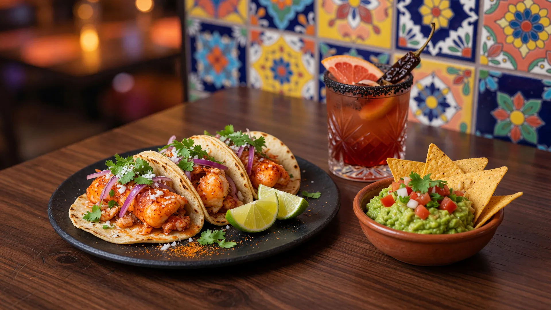 Beautifully plated lobster tacos, a smoky mezcal cocktail, and fresh guacamole at Mijo Modern Mexican in Southwest Las Vegas
