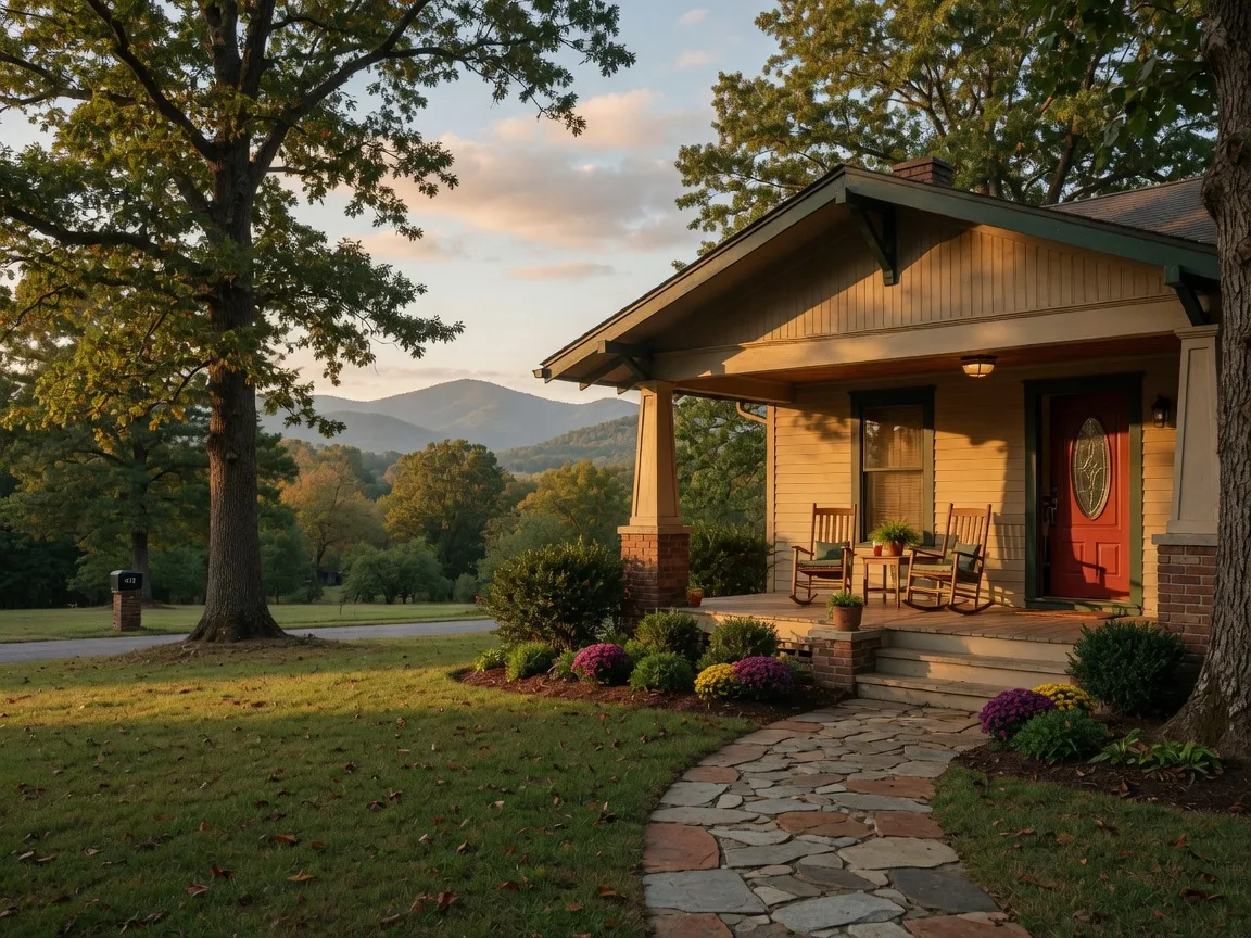A warm craftsman-style home in the Upstate foothills at golden hour, the kind of home we value every day
