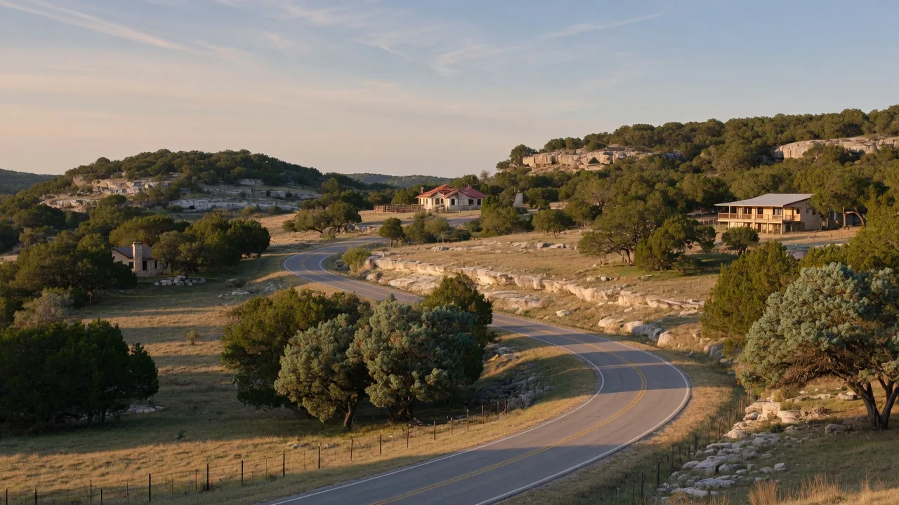 Rolling Texas Hill Country near Bulverde and Spring Branch with live oaks and a country road at golden hour