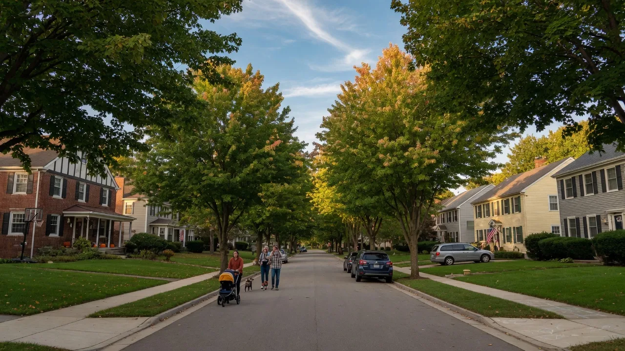 Leafy suburban street in Northwest Indiana on a bright mid-September afternoon with mature maples showing early autumn color, stately homes on green lawns, and a family walking in the distance
