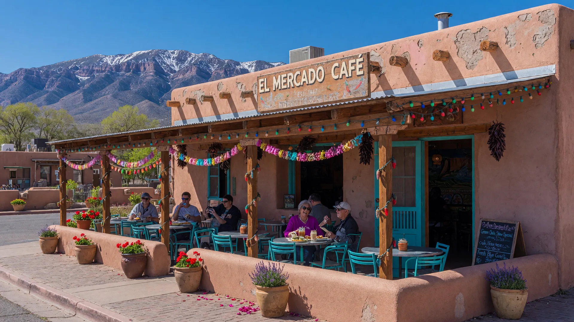 Cozy exterior of The Original Cocina Azul in Albuquerque's Old Town area with adobe architecture and covered patio