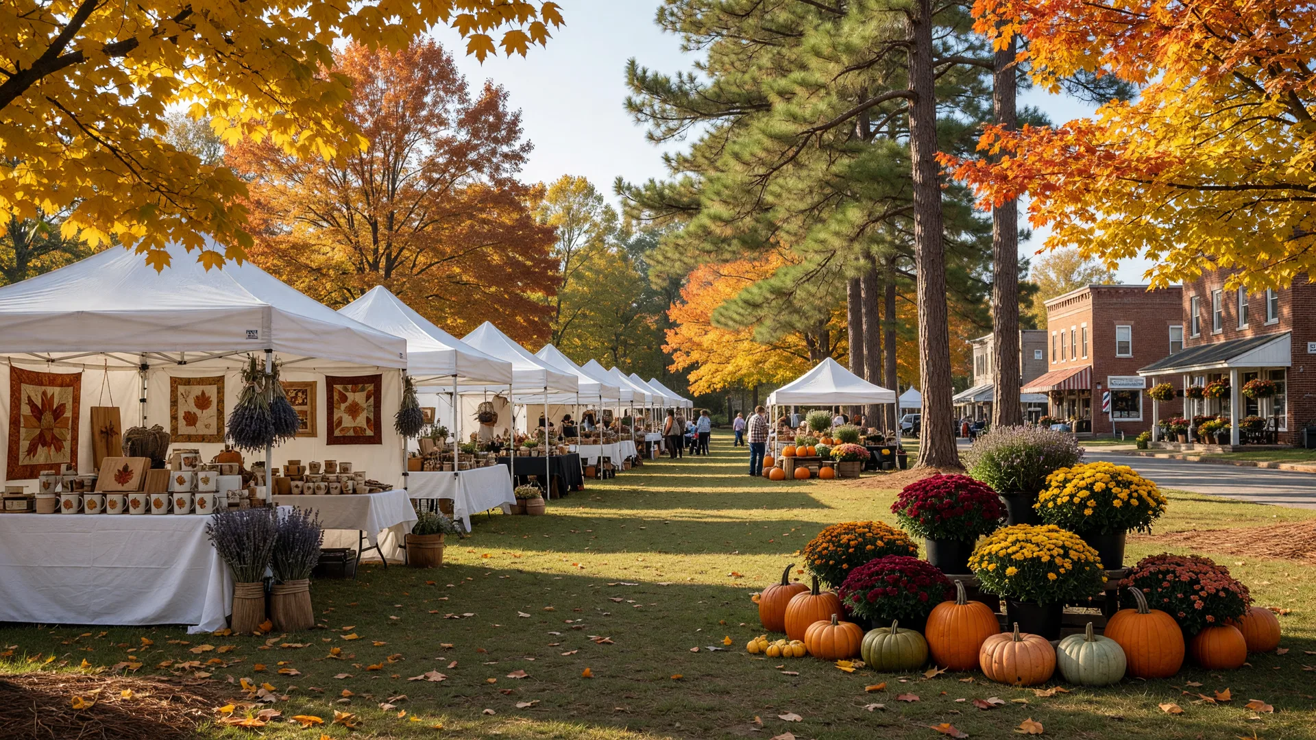 Artisan craft tents and pumpkins filling a village park in Pinehurst on a golden October morning