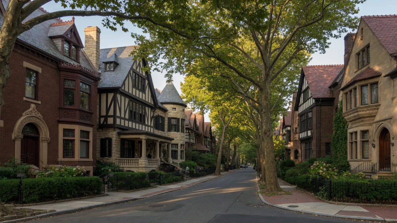 Historic Mt. Airy streetscape with Victorian and Tudor homes under a green canopy of trees in late afternoon light