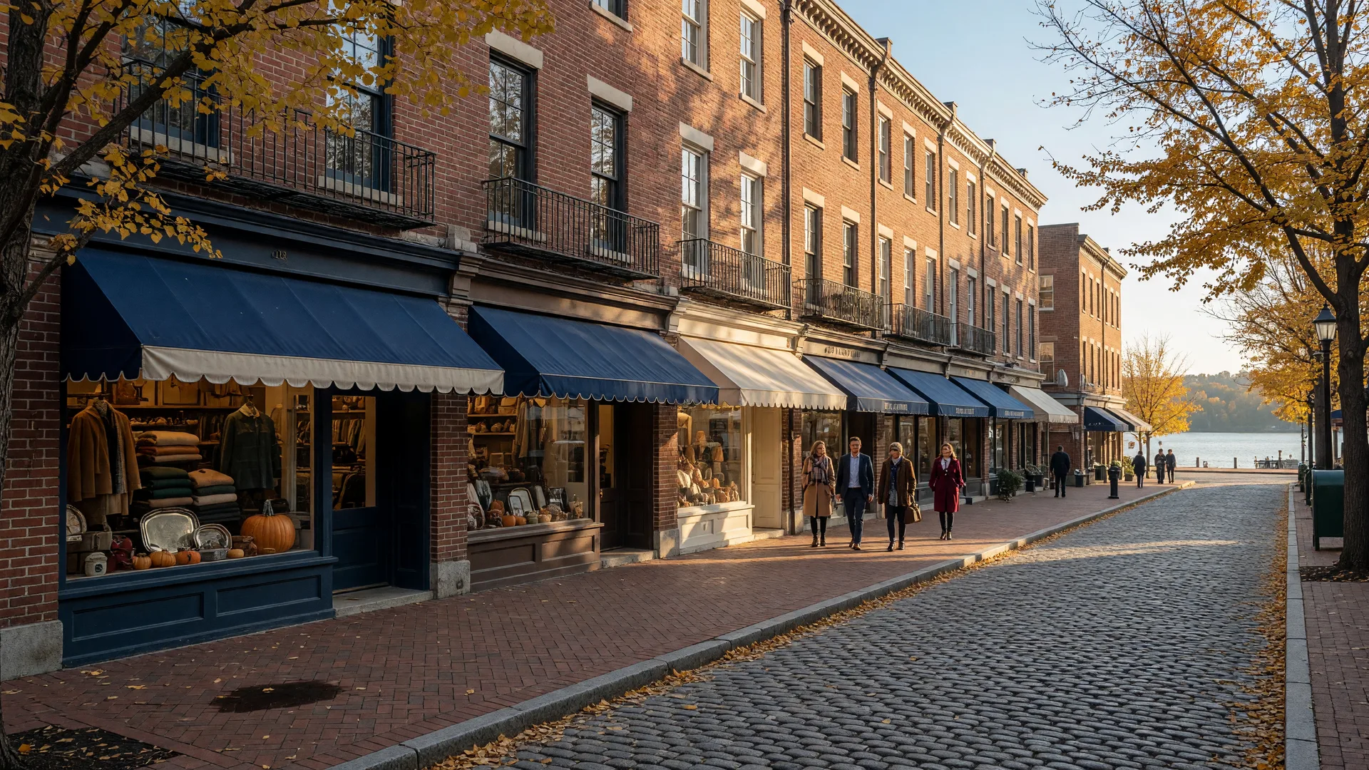 A classic Georgetown shopping street in autumn: brick storefronts with navy and cream awnings, glowing windows, amber trees, and a brick sidewalk in soft golden light