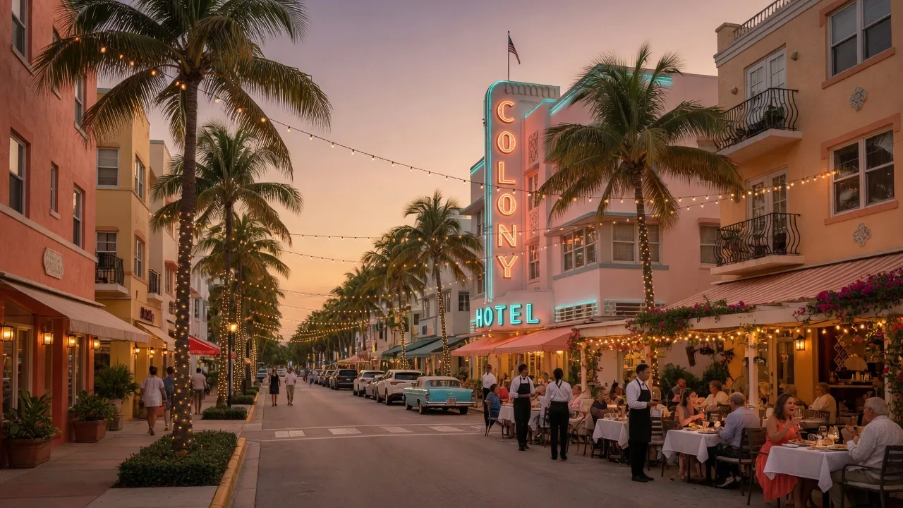 Atlantic Avenue in Delray Beach at golden hour with palm trees, glowing string lights, and outdoor restaurant patios