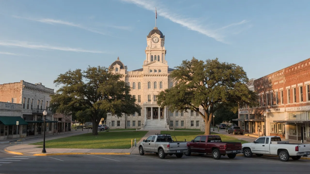 A stately early-20th-century Texas courthouse of pale pink granite with a tall central clock tower anchoring a tree-lined Hill Country town square, historic brick storefronts and parked pickup trucks around it in warm late-afternoon light