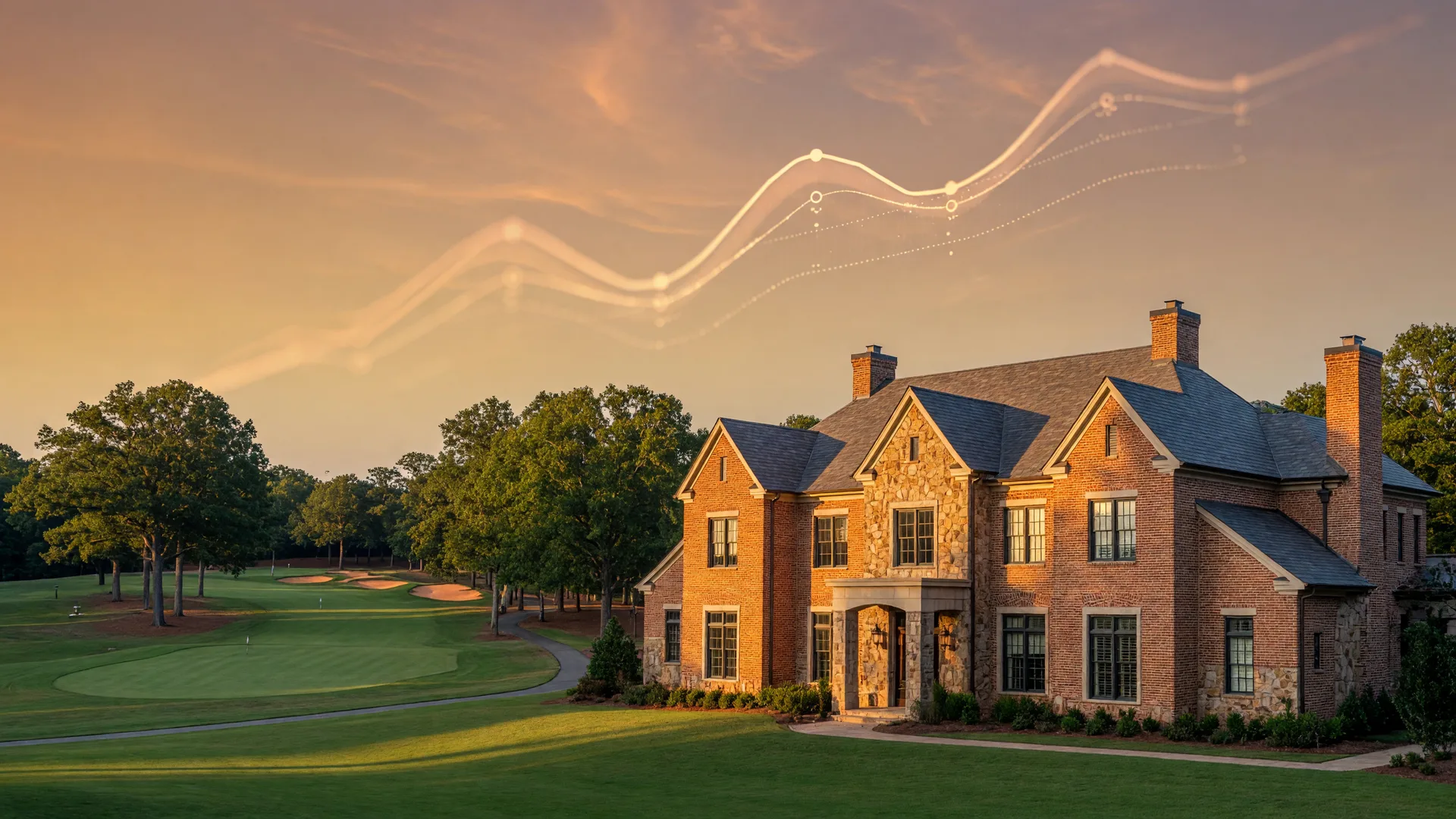 Elegant brick and stone luxury home on a Georgia golf course fairway at golden hour with a subtle home price forecast line overlaid in the sky, representing the flat price growth of 2026