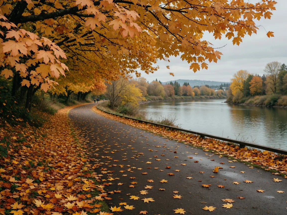 Golden maple leaves over the Ruth Bascom Riverbank Path in Eugene