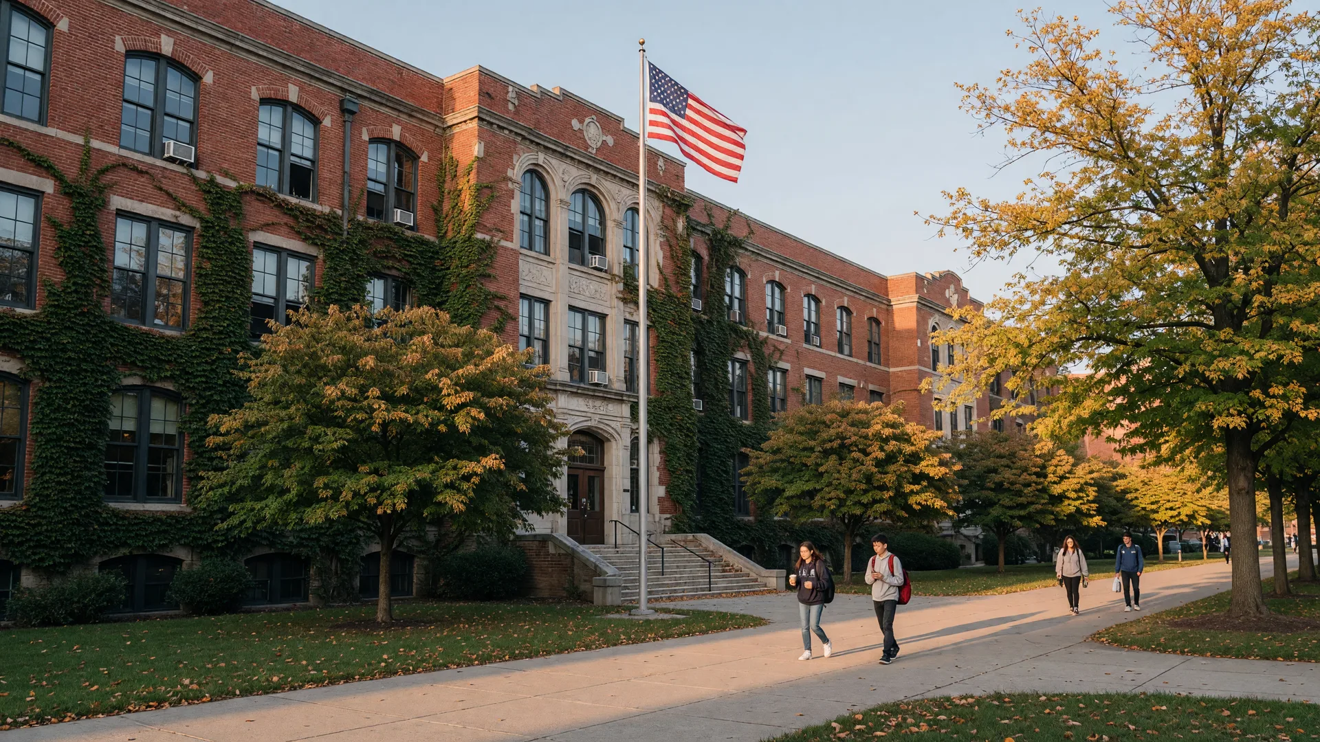 A stately red-brick public high school in Montclair NJ on a late-September morning with ivy, arched windows, an American flag, and autumn leaves turning gold