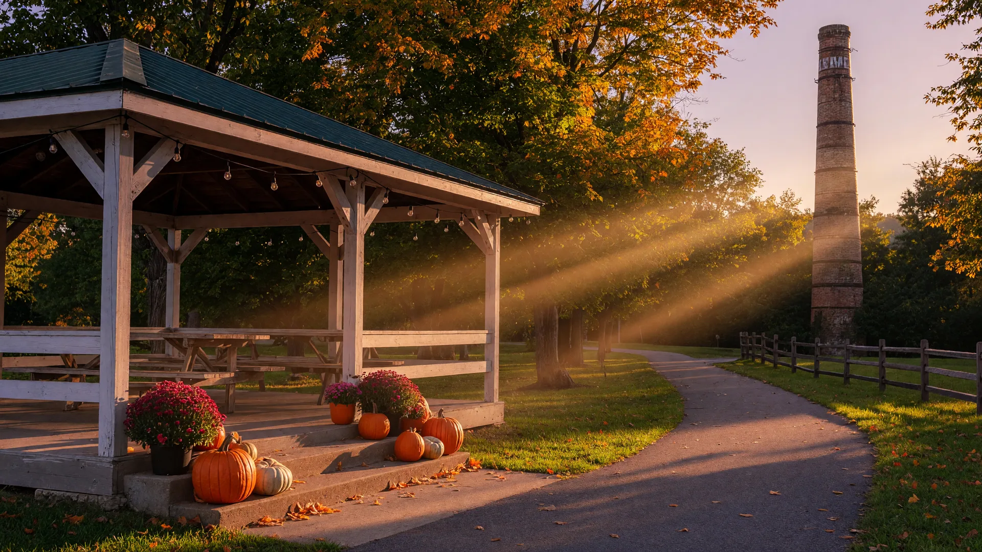 Golden-hour late-September light on a township park pavilion near Coplay, with maples beginning to turn and pumpkins on the steps