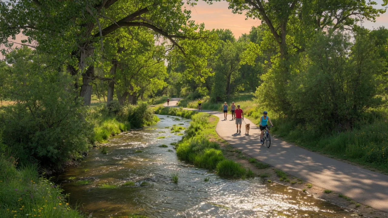 Boulder Creek Path with pedestrians and cyclists in Boulder Colorado