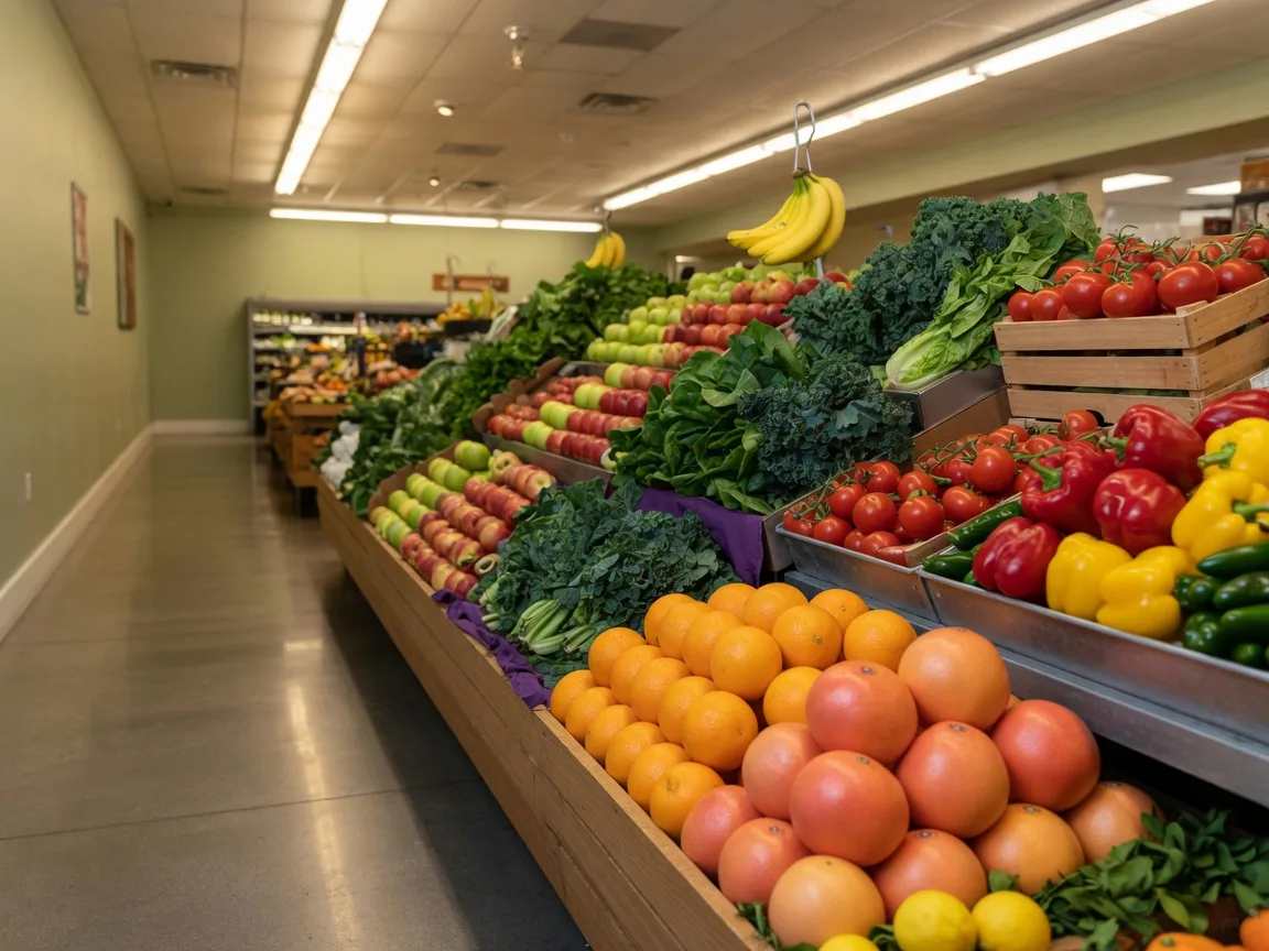 A grocery store produce aisle in Bradenton, where food costs run close to the national average