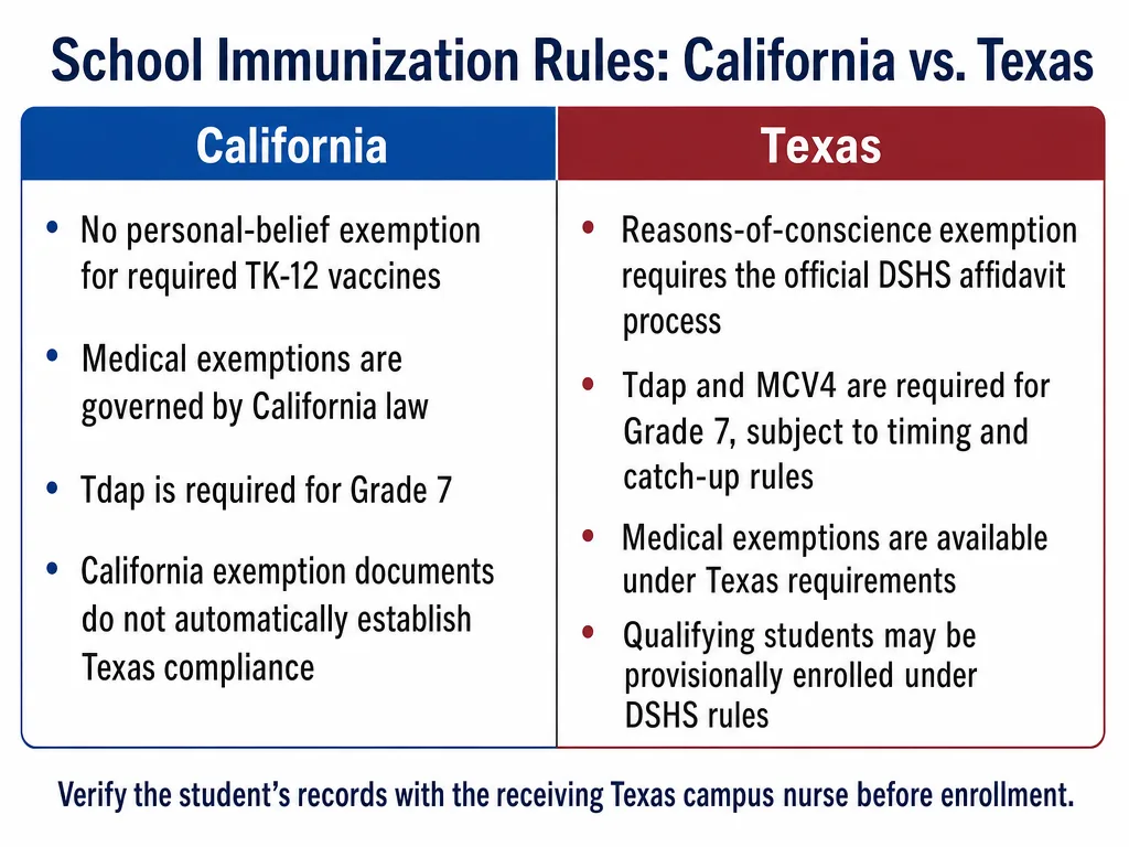 Accurate comparison of California and Texas school immunization rules, including Grade 7 requirements, exemptions and Texas provisional-enrollment rules.