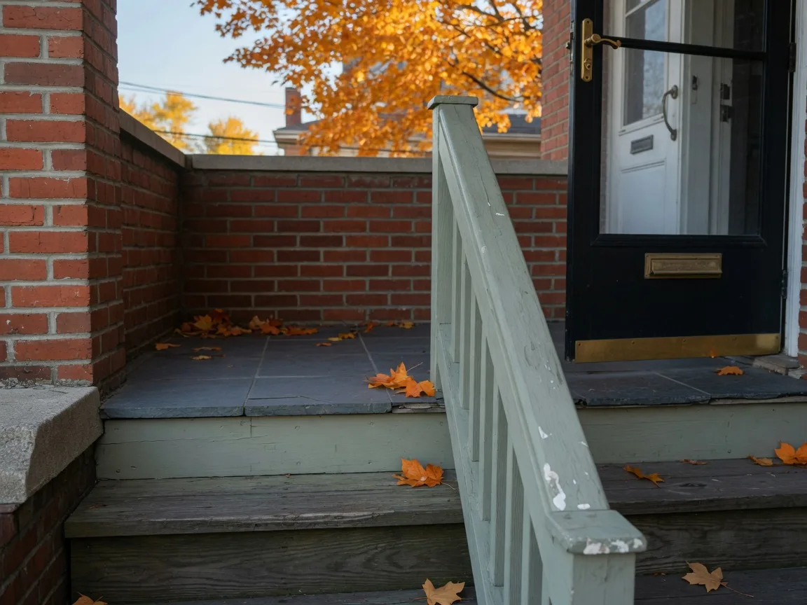 A close detail of the front porch of a 1920s brick colonial home in Cleveland Heights, Ohio, wooden handrail with a patch of peeling paint and porch steps with fallen maple leaves, the kind of exterior feature a city point-of-sale inspector photographs