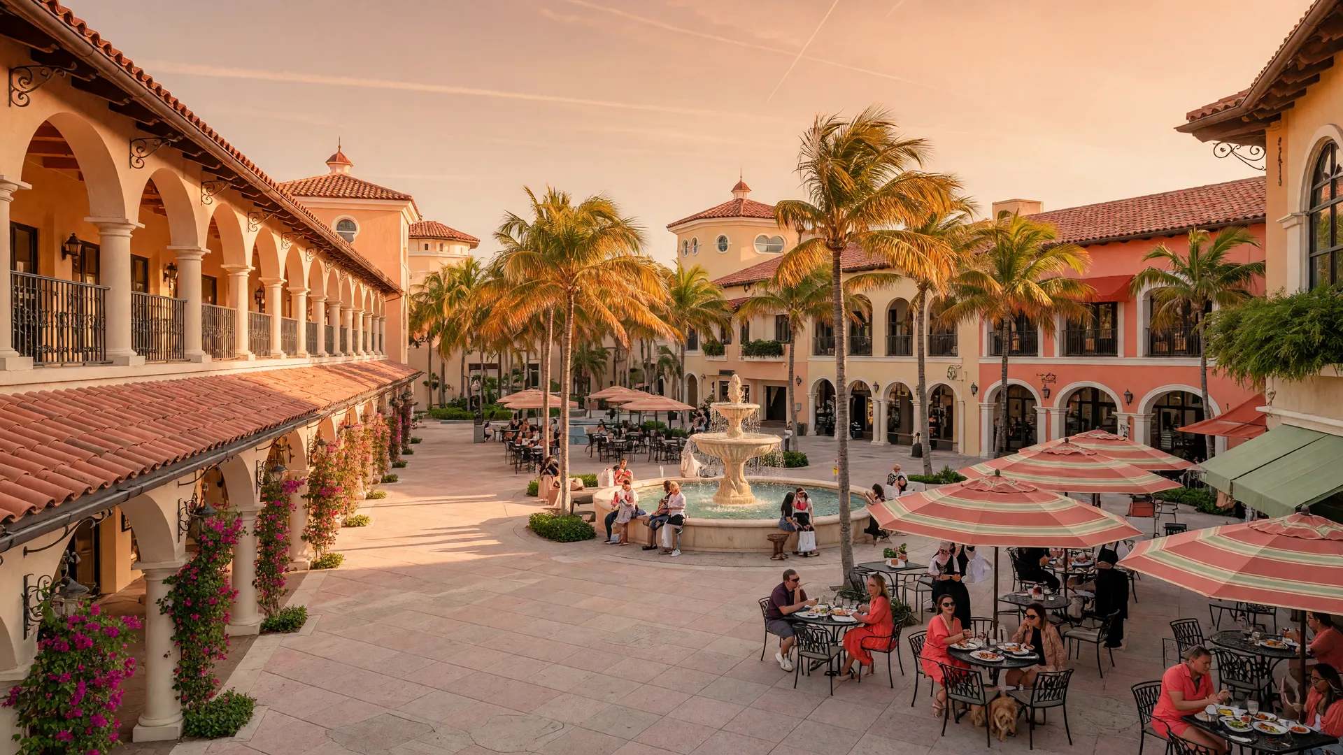Mizner Park in Boca Raton Florida with Mediterranean architecture, fountains, and outdoor dining under palm trees