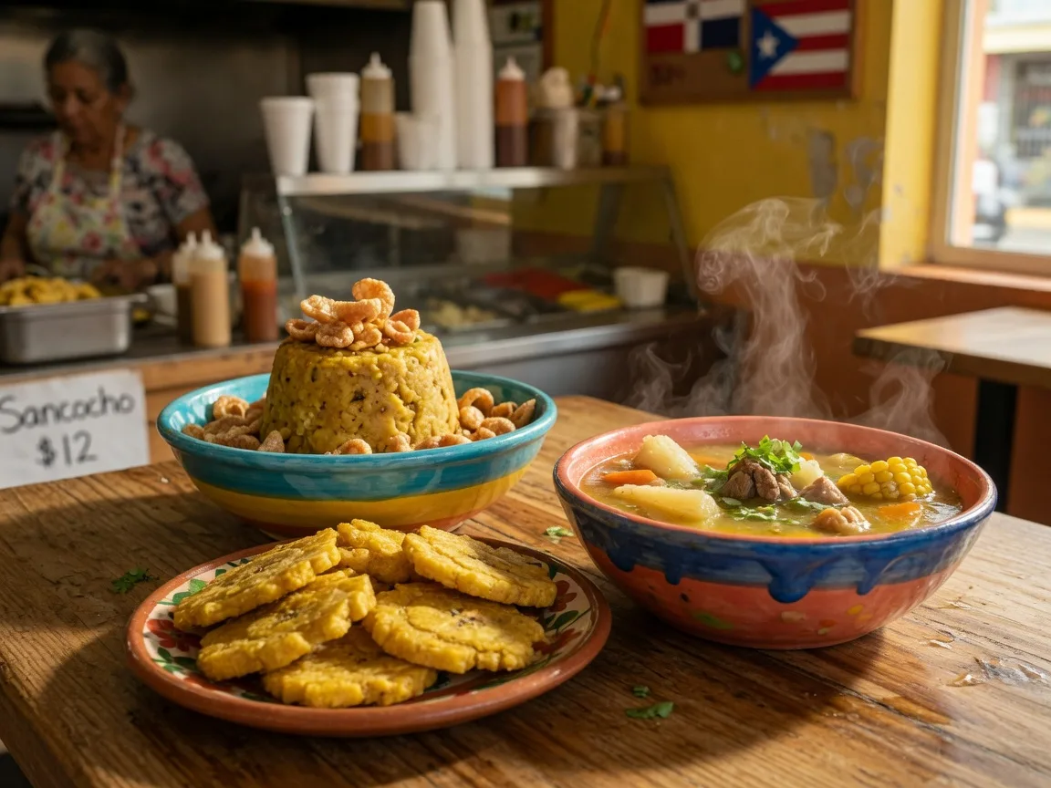 Puerto Rican comfort food including mofongo with garlic and pork, crispy tostones, and sancocho stew in colorful handmade ceramics