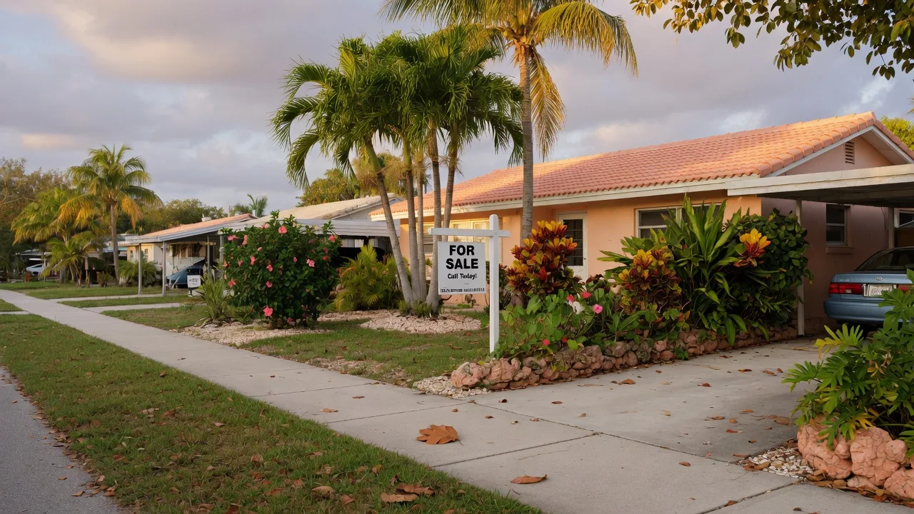 Quiet South Florida residential street with a For Sale sign in late summer light