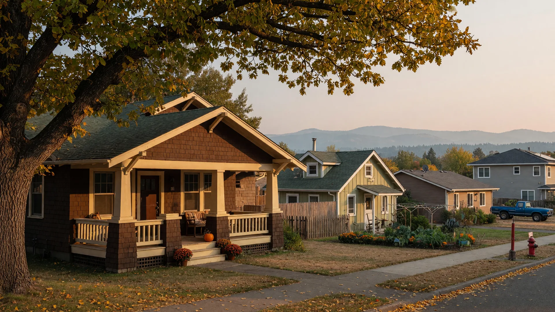 A craftsman home in a Southern Oregon neighborhood with a small accessory dwelling unit cottage in the backyard, golden October light, and hazy Siskiyou foothills on the horizon