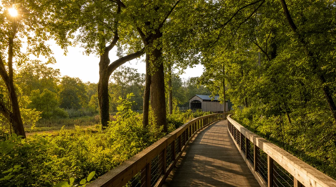 Heritage Park boardwalk trail through wetlands with historic covered bridge in Smyrna Georgia