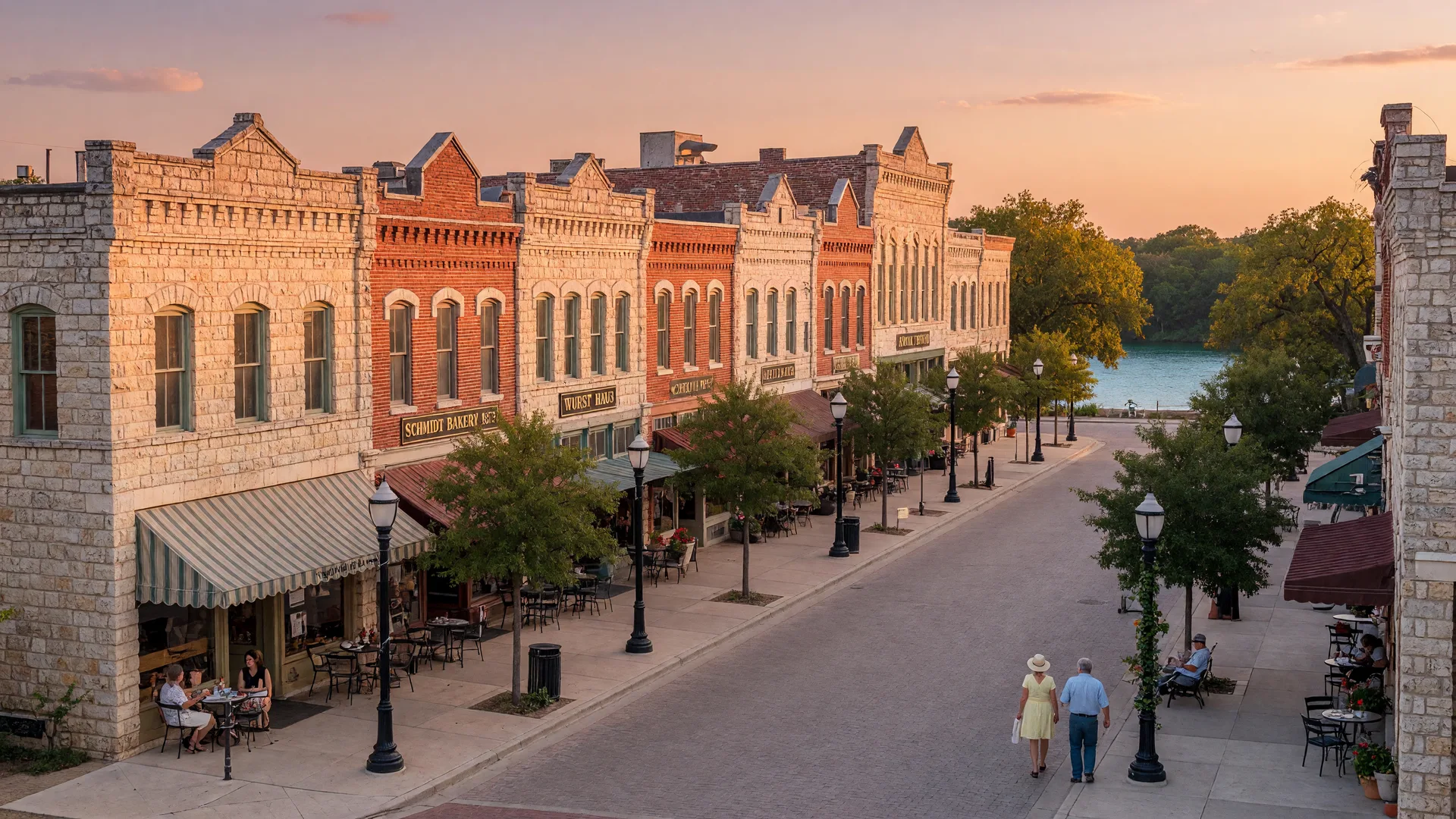 Historic downtown New Braunfels with limestone storefronts, shade trees, and warm sunlight
