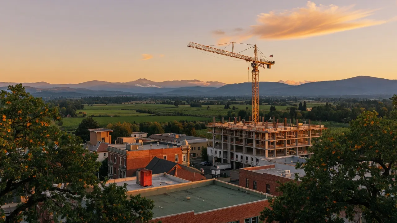 Golden-hour view of Medford, Oregon with a construction crane above downtown and the Rogue Valley and mountains on the horizon